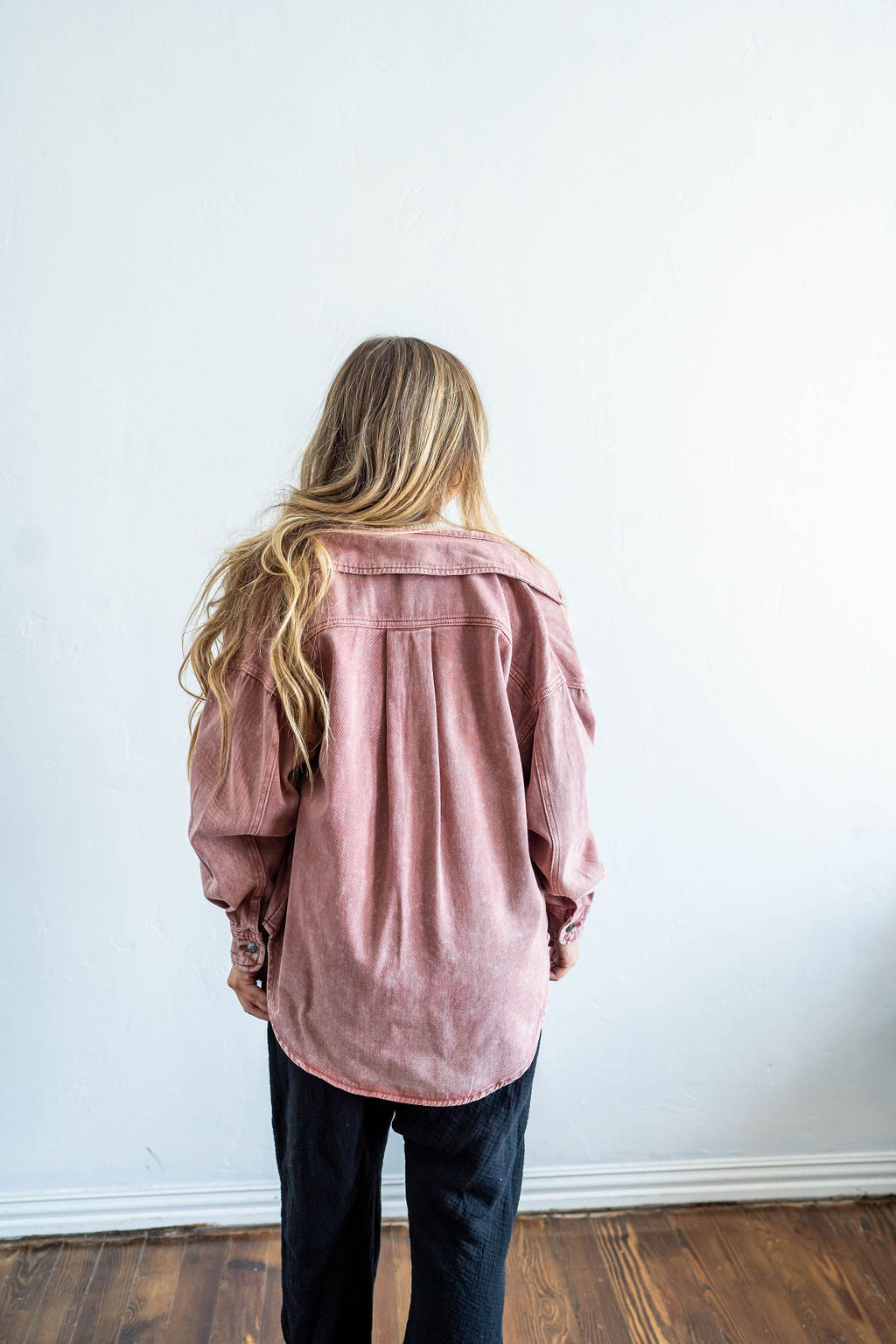 women's pink rust colored oversized denim jacket