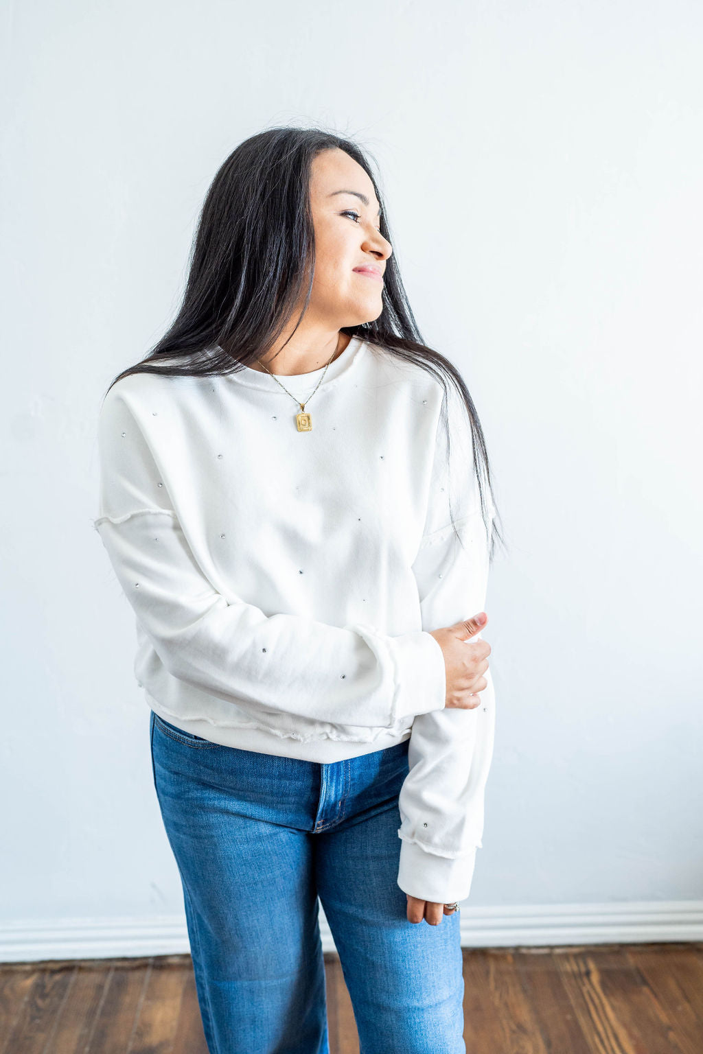 women's white silver studded sweatshirt