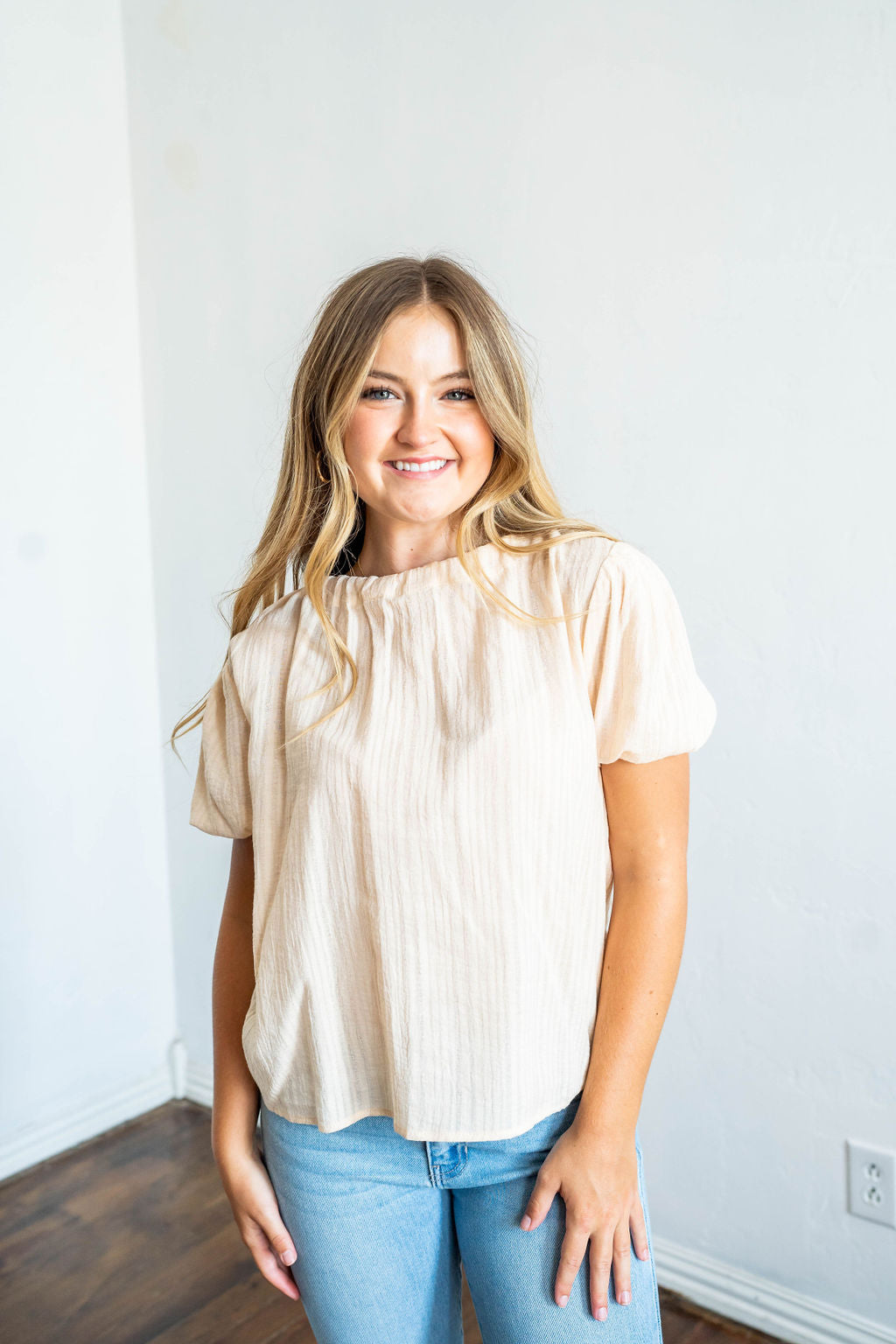 women's basic cream tee with tie-back detail