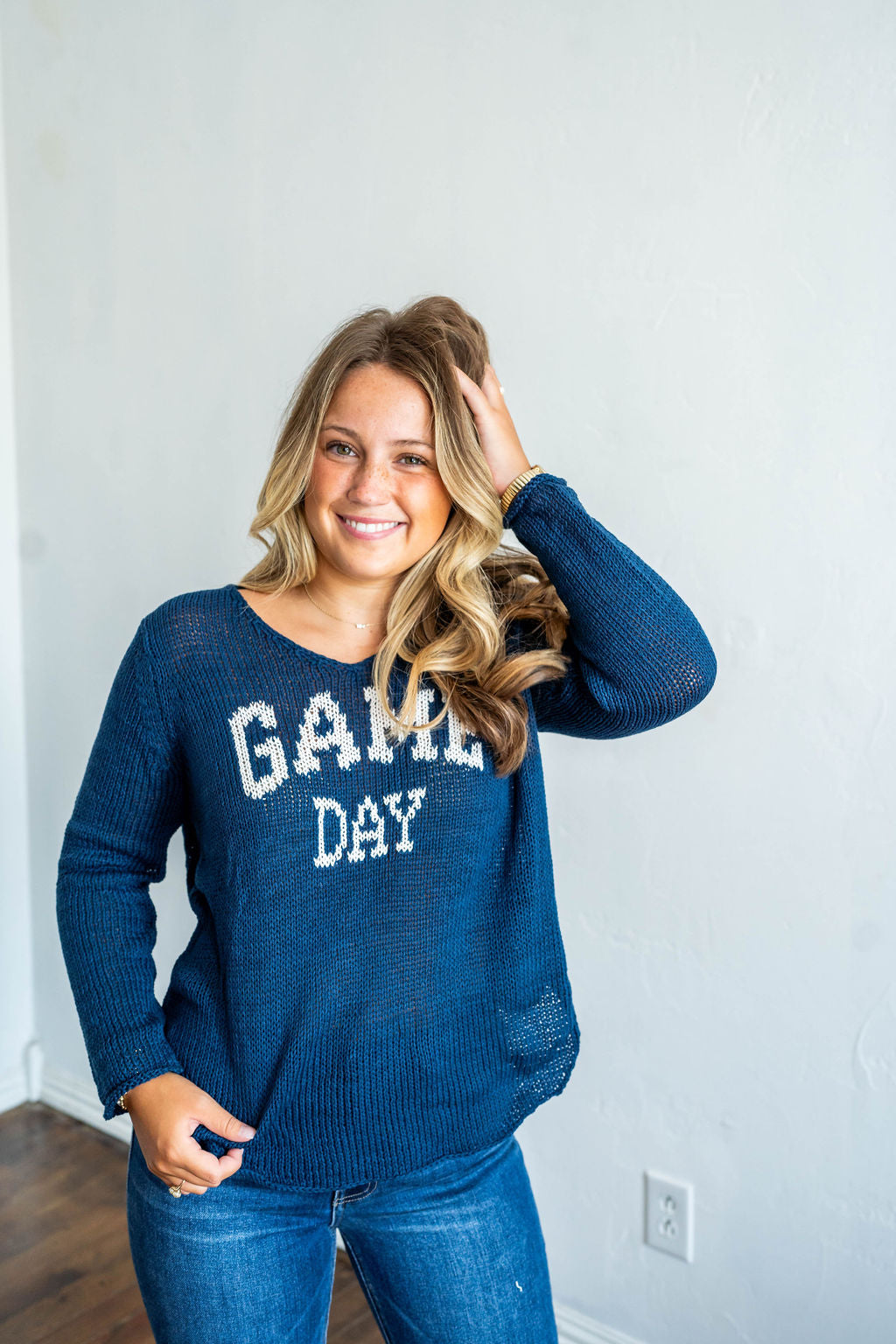 women's loose knit blue gameday sweater