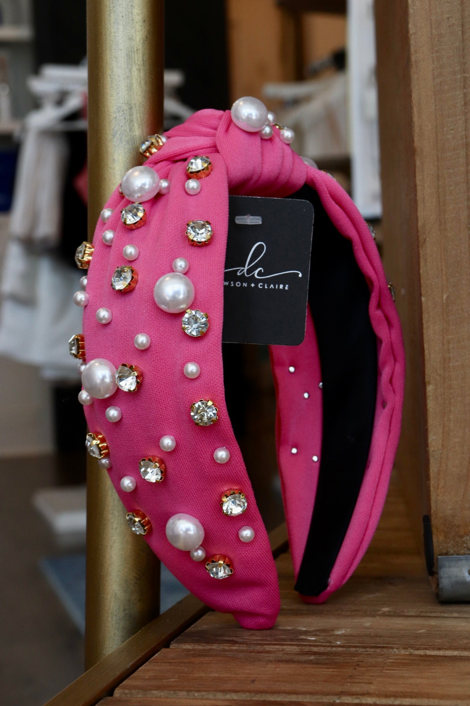 thick fuschia knotted headband with pearl and jewel detailing