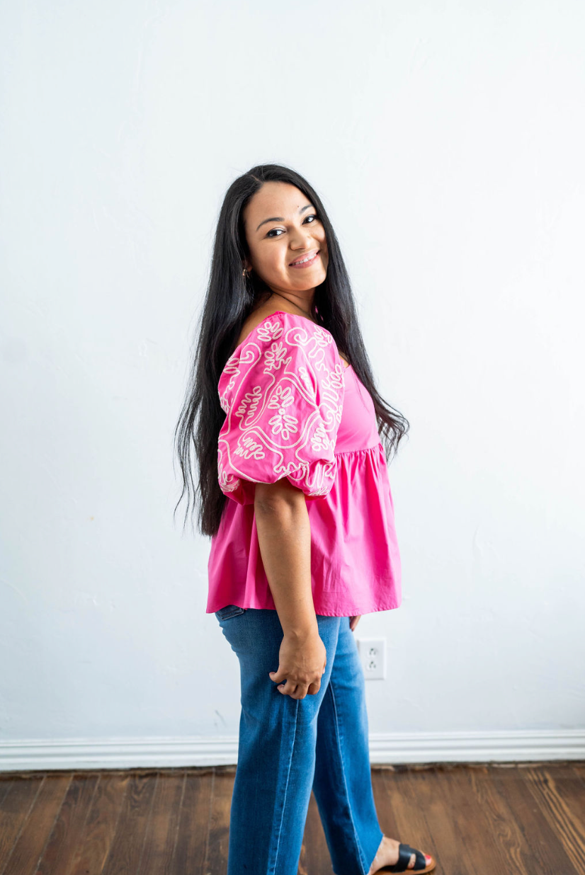 pink babydoll shirt with white embroidery