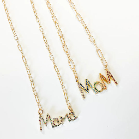 Gold paperclip necklace with color jewels in the shape of "Mom" or "Mama"