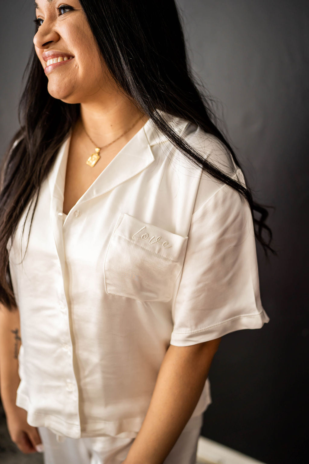 collared white satin button up tee